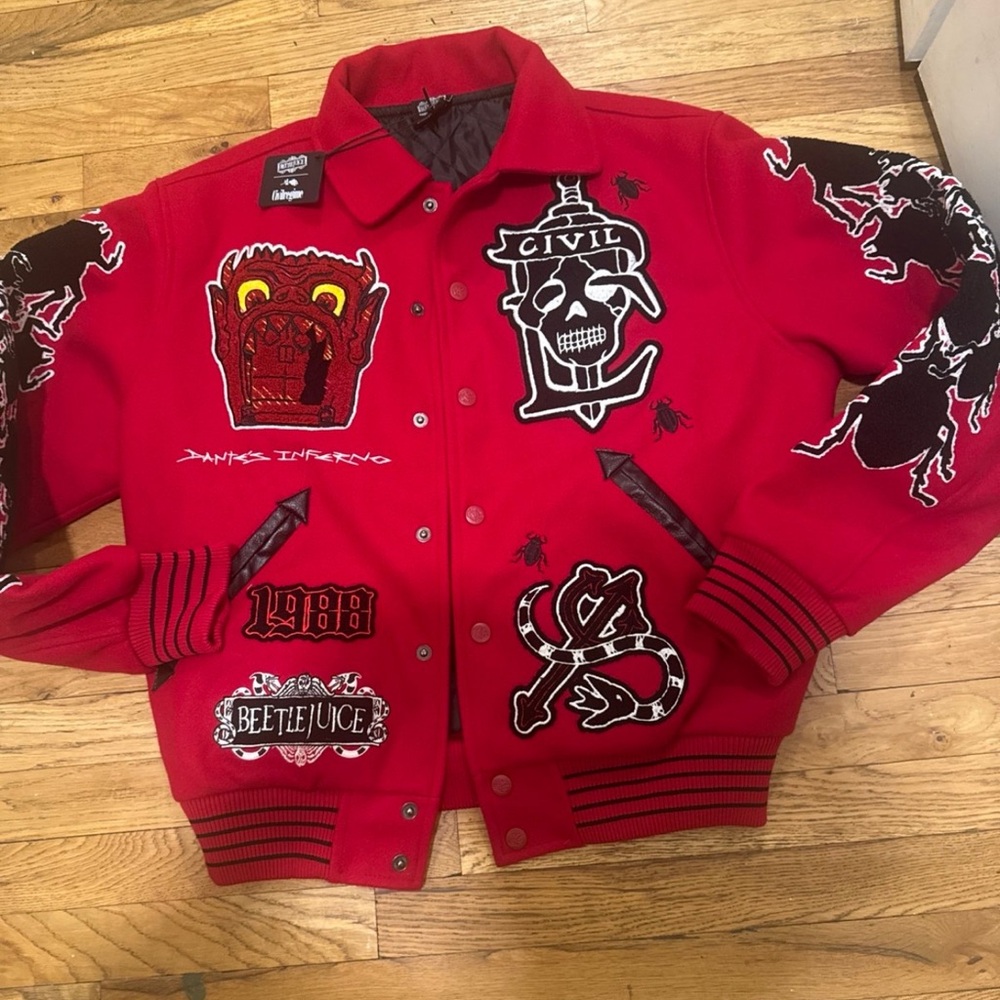 Red Embroidered Patch Bomber Jacket NWT - image 1